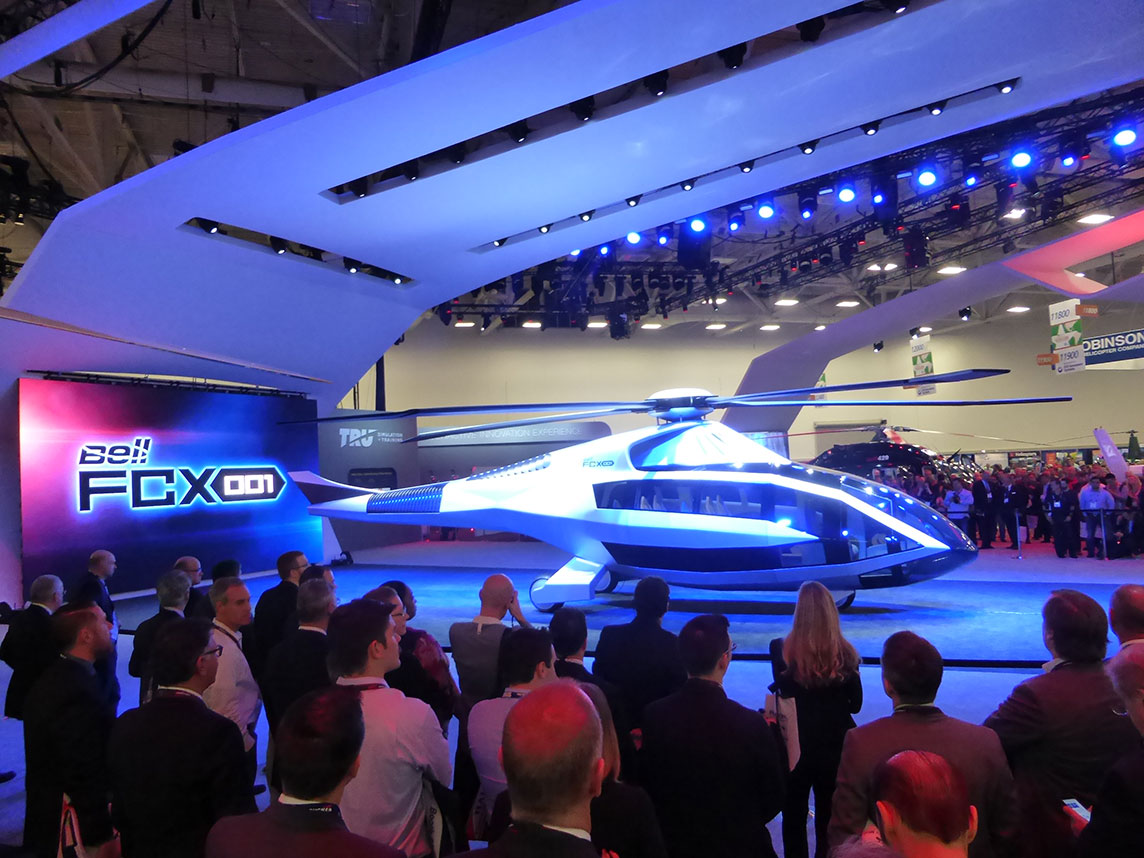 The main reveal at Heli-Expo was Bell Helicopter's FCX001 Future Concept helicopter. Features would include morphing main rotor blade tips, multiple fans in the tail-boom for anti-torque, and augmented reality cockpit.. (Photo: ATP)