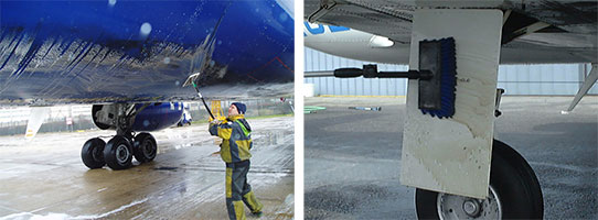 David Heissenbuttel, director of sales, Celeste Industries states that a dry wash system can be applied with a mop and removed to clean underneath an aircraft. (Photo: Celeste Industries)