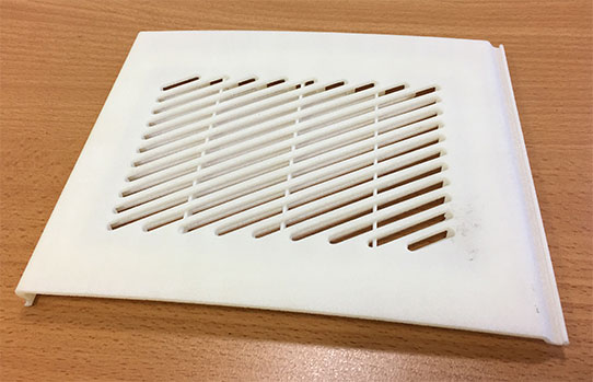 TEG’s 3D-printed plastic speaker grill panel for a Jetstream 41 commuter aircraft which is certified with EASA Form 1. (Photo: TEG)