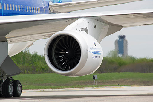 P&W’s Geared Turbofan (GTF) family (such as the PW1100G-JM pictured) incorporates 40 percent more health and performance monitoring sensors than the V2500. (PW Image)