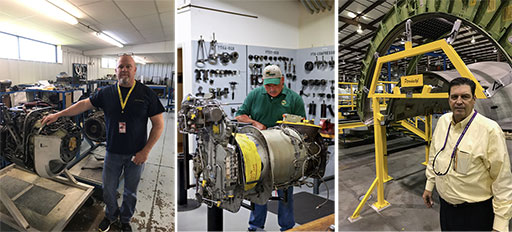 Pictures left to right: Three MRO specialists from Oklahoma - Mark James, director of operations for Intercontinental Jet in Tulsa, does MRO work primarily on Mitsubishi MU-2. Mike Perry, general manager of Vertical Aerospace which specializes in nacelle component work. Technician at Mint Turbines work mainly on Honeywell T-53 series and P&W PT6 engines from around the globe.