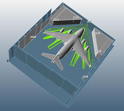 Fire protection experts use 3-D flame mapping software to assist in determining detector placement so that the area of coverage is maximized and meets project specifications; the example shows the field of view (FOV) of the detector positioned at the front of the plane. (Diagram courtesy of Det-Tronics.)