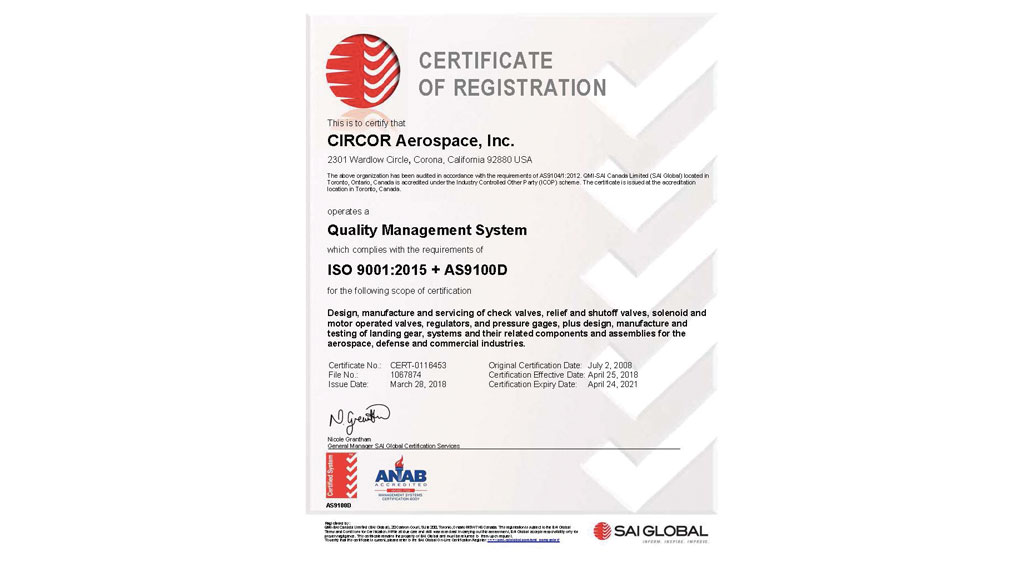 CIRCOR Aerospace & Defense California Receives AS9100 Rev D Certification