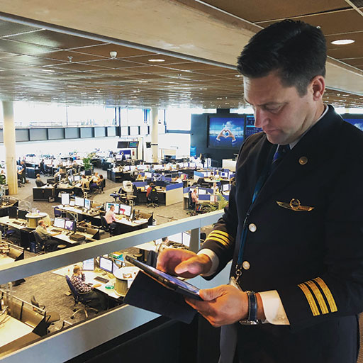 Robert Schuringa, first officer and instructor/examiner on the B777 for KLM shows how pilots can check their routes using their iPads prior to preflight. 