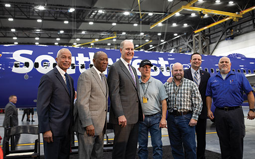 Left to Right: Mario Diaz, Director, Houston Airport System, Houston Mayor Sylvester Turner, Gary Kelly, Southwest Airlines Chairman and CEO, Original Houston Technical Operations Employees Brad Shelton, Paul Mould, B.J. Ritter, and Landon Nitschke, Southwest Airlines SVP of Technical Operations