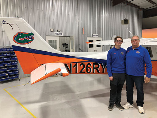 Above, left, Richard (Ricky) Youschak, Jr., and his father Richard Youschak, Sr. with their “Gator” liveried Colt-SL at the Texas Aircraft factory in Hondo, Texas.