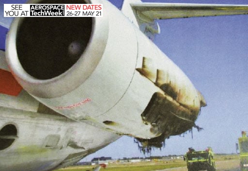 Close-up view (looking aft) of the left engine after the fire was extinguished by Airport Rescue and Fire Fighters (ARFF).