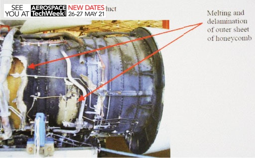Internal view of damaged left engine after disassembly by investigators