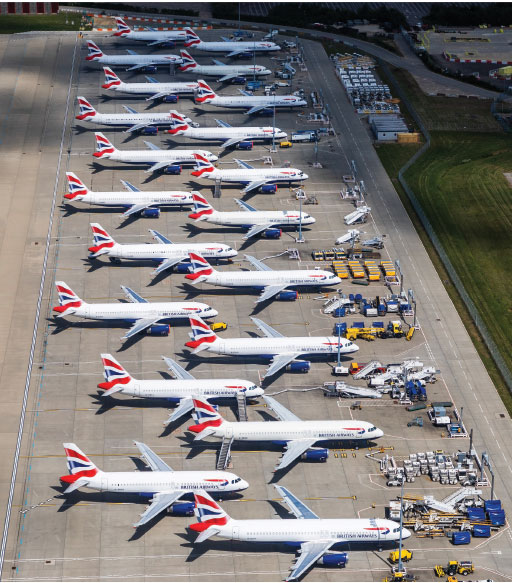 The aircraft OEMs partnered closely with operators to ensure safe and proper storage. Shown here are some of the British Airways fleet parked due to the pandemic.