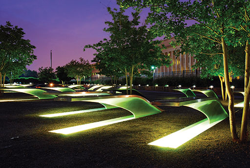 A night view of the National 9/11 Pentagon Memorial.