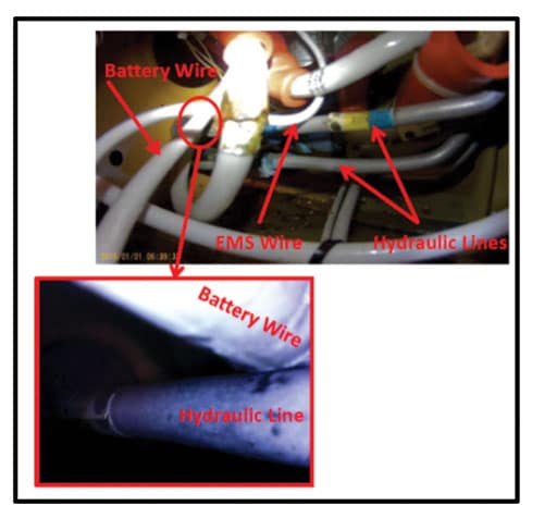 Photographs of instances where electrical wires were in close proximity to hydraulic lines in PA-31T airplanes.