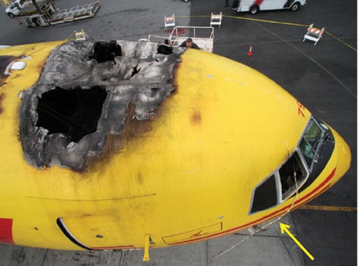 A view of the fire damage to the crown of an ABX 767-200 in San Francisco.