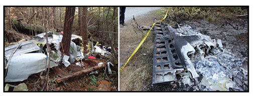The left half of this photo shows the center fuselage wreckage from the inflight breakup of a Piper PA-31T airplane.  No thermal damage was found.  However, the forward fuselage and circuit breaker panels shown in the right half of the photo were severely burned due to a fire that was ignited by a chaffed electrical wire.