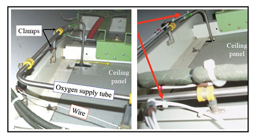 The photo on the left shows a proper installation – with adequate separation — of electrical wires and an oxygen supply tube from a cargo conversion STC.  The photo on the right shows an improper installation from an exemplar 767 that had the same STC conversion.