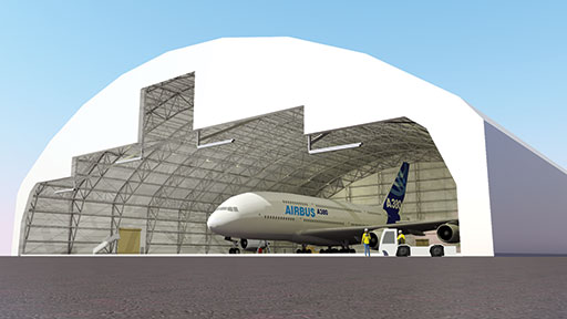 This A380 capable hangar, measuring 300ft by 300ft and 40ft high, is being supplied by Rubb Buildings to an undisclosed customer at an undisclosed location. Rubb Buildings image.