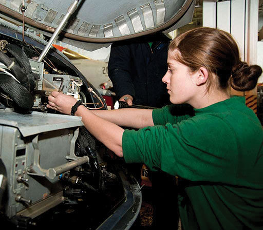 Aviation Structural Mechanic 2nd Class Jessica Neff replaces a radar altimeter on an SH-60F Sea Hawk helicopter. U. S. Navy photo by Mass Communication Specialist 3rd Class Britney Epps.