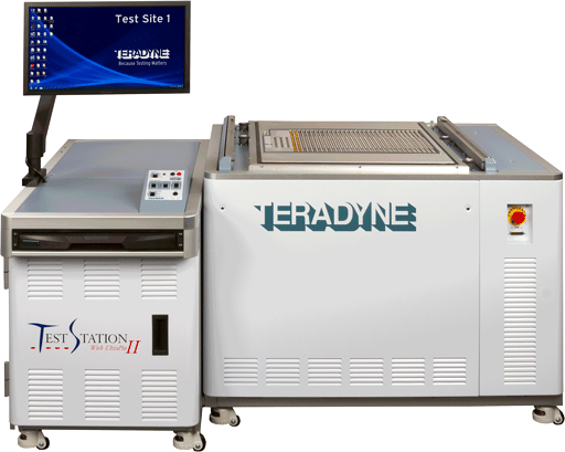 Shown at left, is the TestStation LX2, Teradyne’s largest pin count in-circuit test system. The company says it is configurable up to 15,360 pins utilizing UltraPin II 128HD pin cards for testing large, complex and heavily-integrated printed circuit board assemblies. Teradyne image.