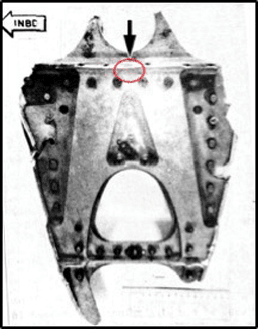 Graphic 9 – View of the aft pylon bulkhead frame from the no.1 engine pylon assembly. The black arrow is pointing to the red circle in which the offending crack was found.