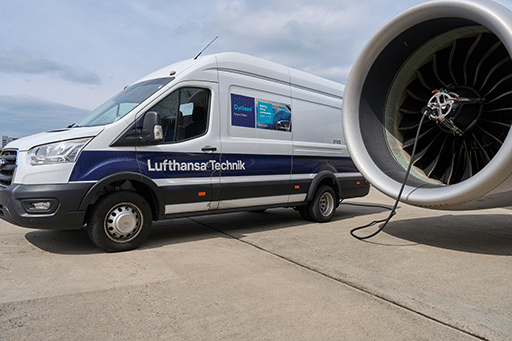 Cyclean Engine Wash system injects vaporized hot water directly into the core engine, removing combustion residues and contaminants. Regular use leads to a reduction in fuel consumption, cutting up to 80 metric tons of CO2 emissions per aircraft annually. Lufthansa Technik image. 